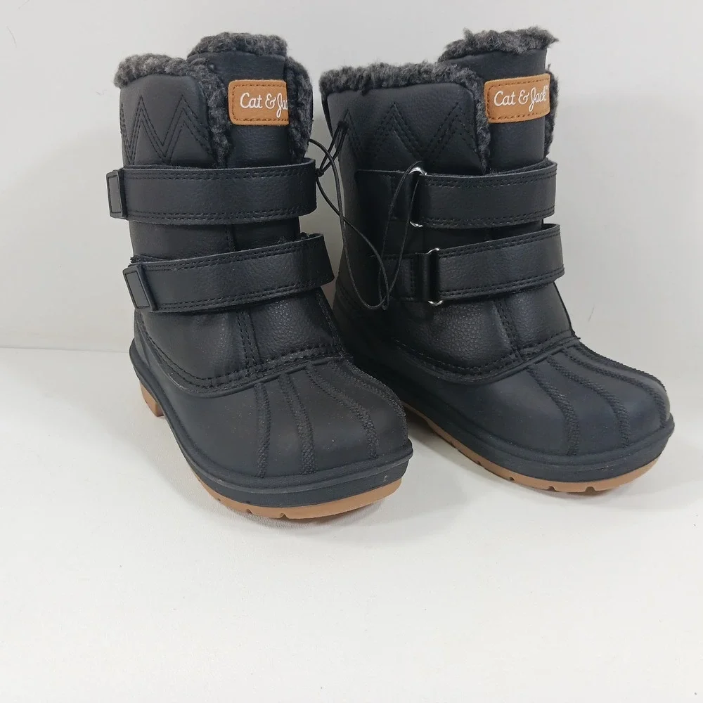 Cat & Jack Toddler Boys Black Winter Snow Boots Faux Fur Lined Size 10 Hook Loop